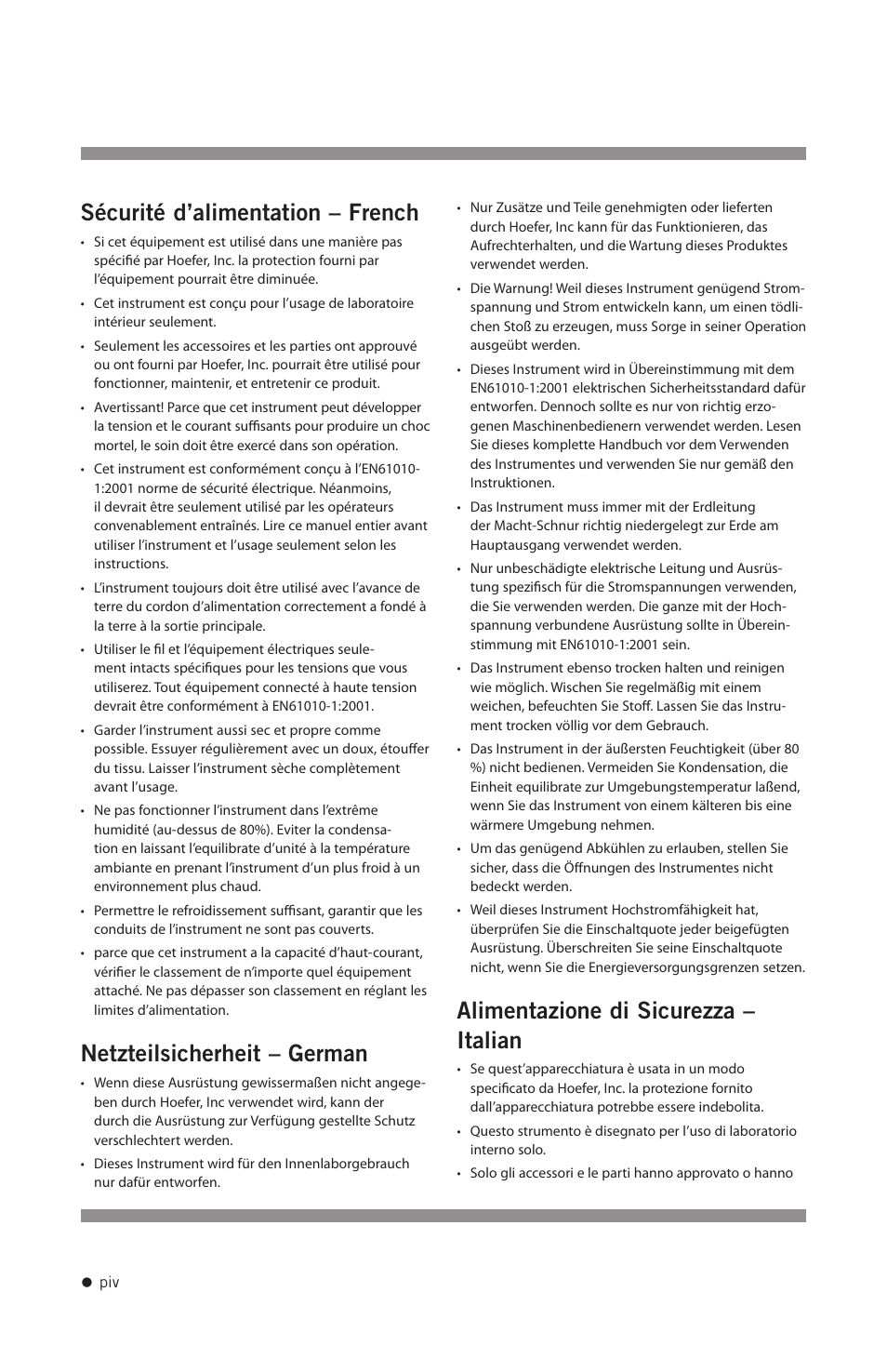 Sécurité d’alimentation – french, Netzteilsicherheit – german, Alimentazione di sicurezza – italian | Hoefer PS200HC User Manual | Page 5 / 26