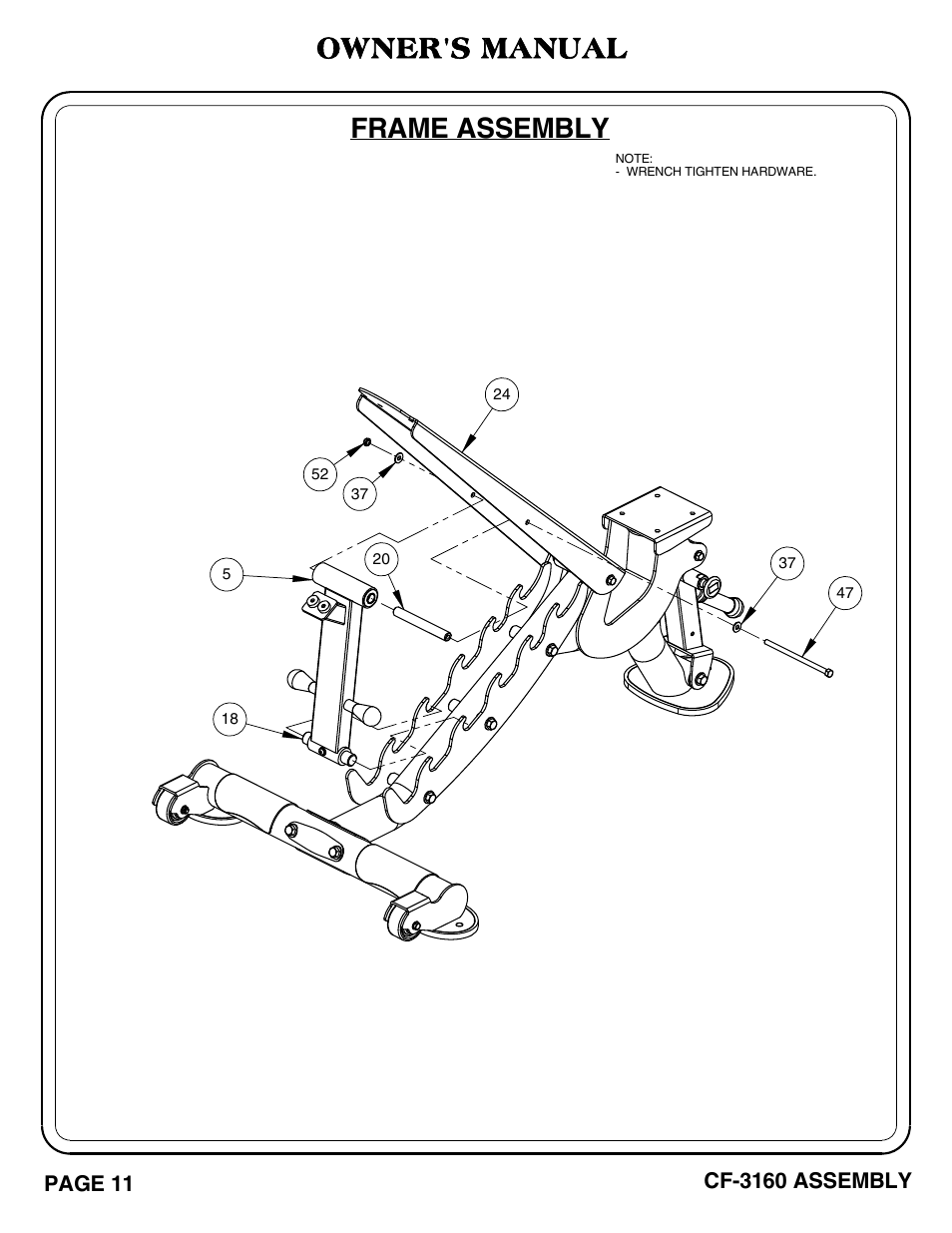 Cf-3160 pg. 11-12, Owner's manual, Frame assembly | Page 11, Cf-3160 assembly | Hoist Fitness CF-3160 User Manual | Page 12 / 33