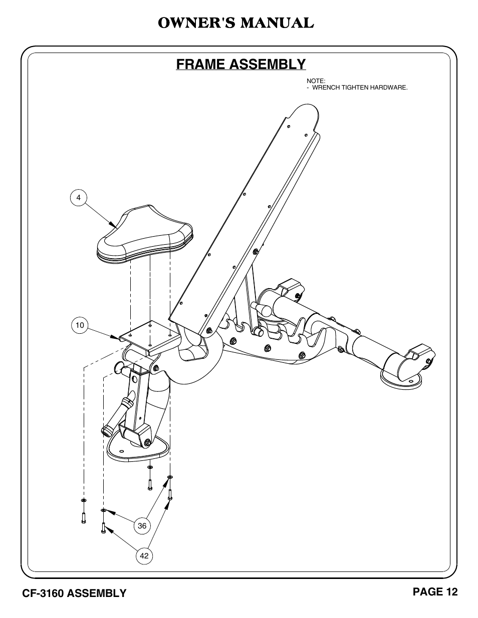 Frame assembly, Owner's manual | Hoist Fitness CF-3160 User Manual | Page 13 / 33