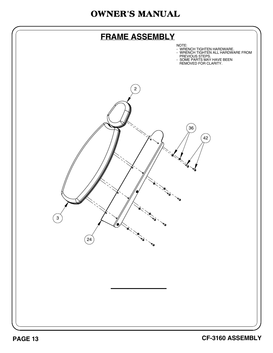 Cf-3160 pg. 13-14, Important, Frame assembly | Owner's manual | Hoist Fitness CF-3160 User Manual | Page 14 / 33