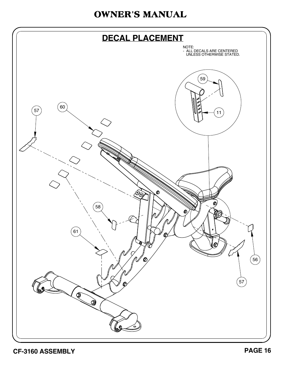 Decal placement owner's manual | Hoist Fitness CF-3160 User Manual | Page 17 / 33