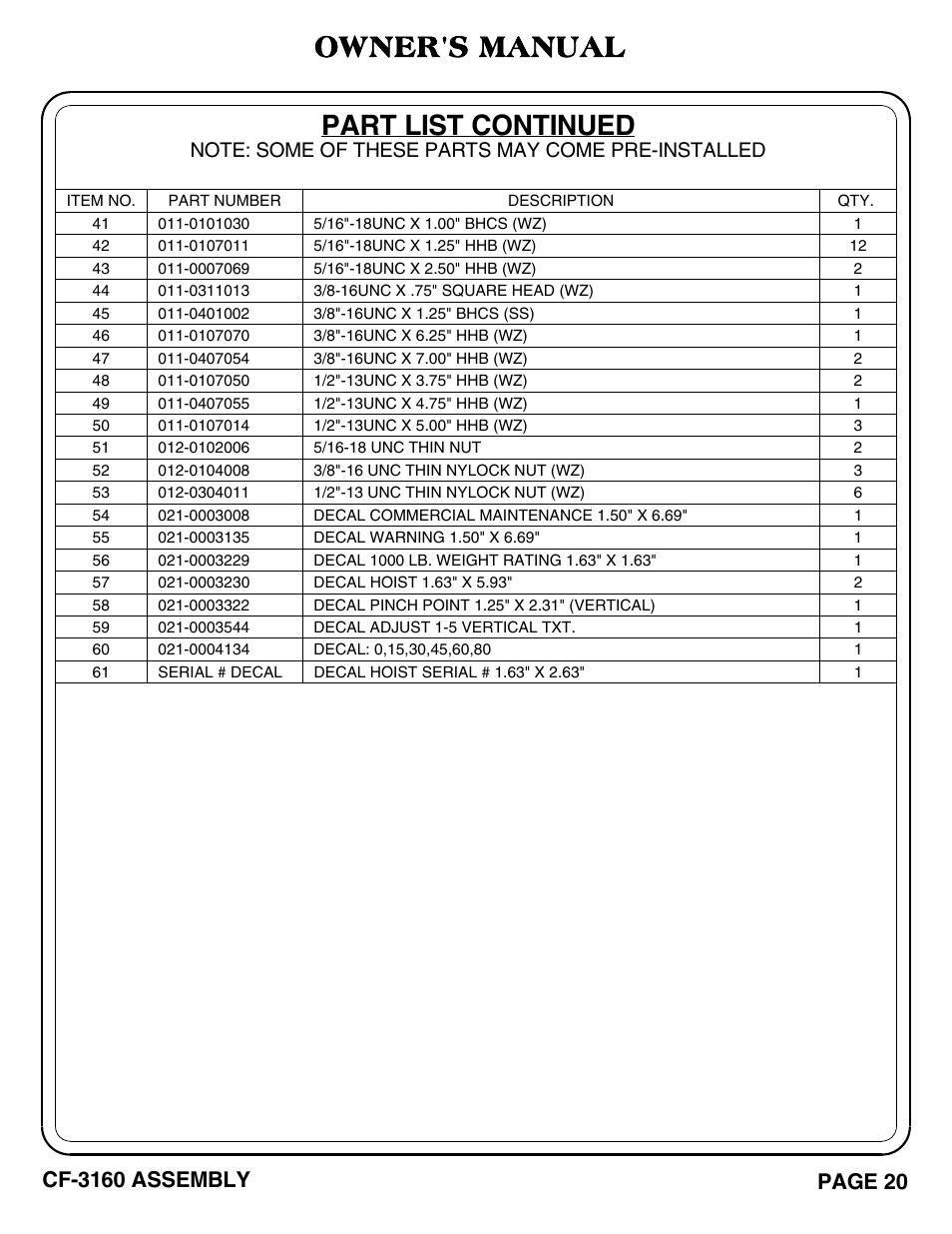 Part list continued, Owner's manual | Hoist Fitness CF-3160 User Manual | Page 21 / 33