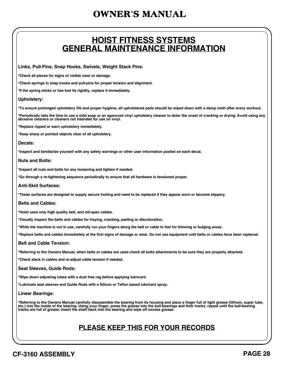 Owner's manual, Please keep this for your records | Hoist Fitness CF-3160 User Manual | Page 29 / 33