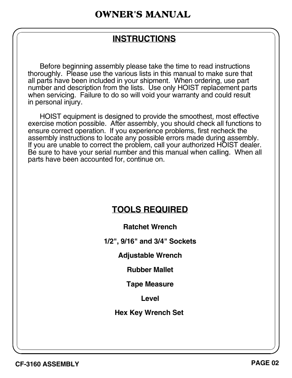 Owner's manual, Tools required, Instructions | Hoist Fitness CF-3160 User Manual | Page 3 / 33