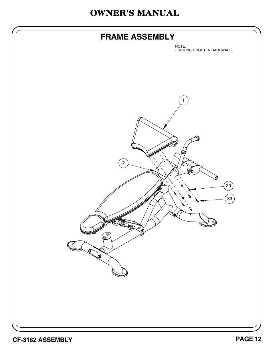 Frame assembly, Owner's manual | Hoist Fitness CF-3162 User Manual | Page 13 / 30