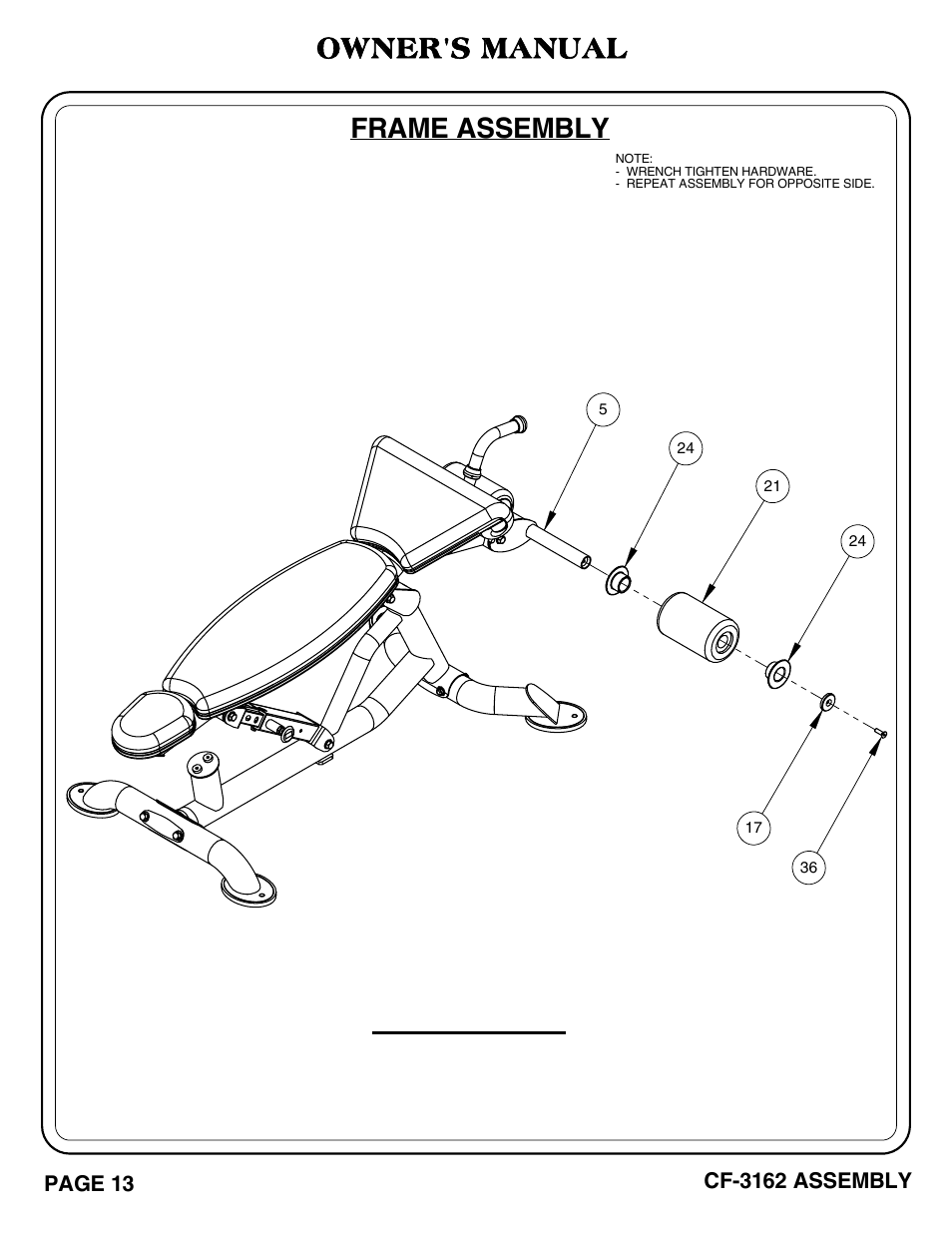 Important, Frame assembly, Owner's manual | Hoist Fitness CF-3162 User Manual | Page 14 / 30