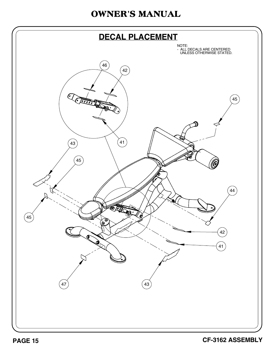 Decal placement, Owner's manual, Page 15 | Cf-3162 assembly | Hoist Fitness CF-3162 User Manual | Page 16 / 30