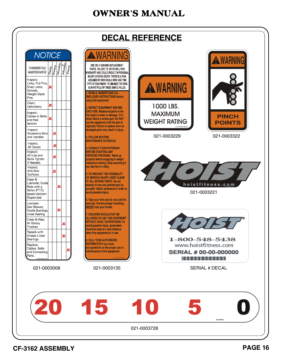 Decal reference, Owner's manual, Cf-3162 assembly | Page 16 | Hoist Fitness CF-3162 User Manual | Page 17 / 30