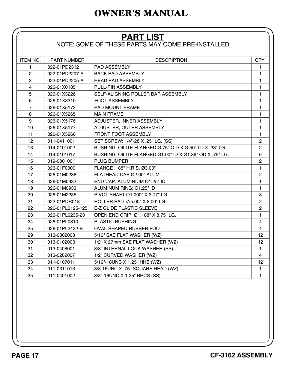 Owner's manual, Part list | Hoist Fitness CF-3162 User Manual | Page 18 / 30