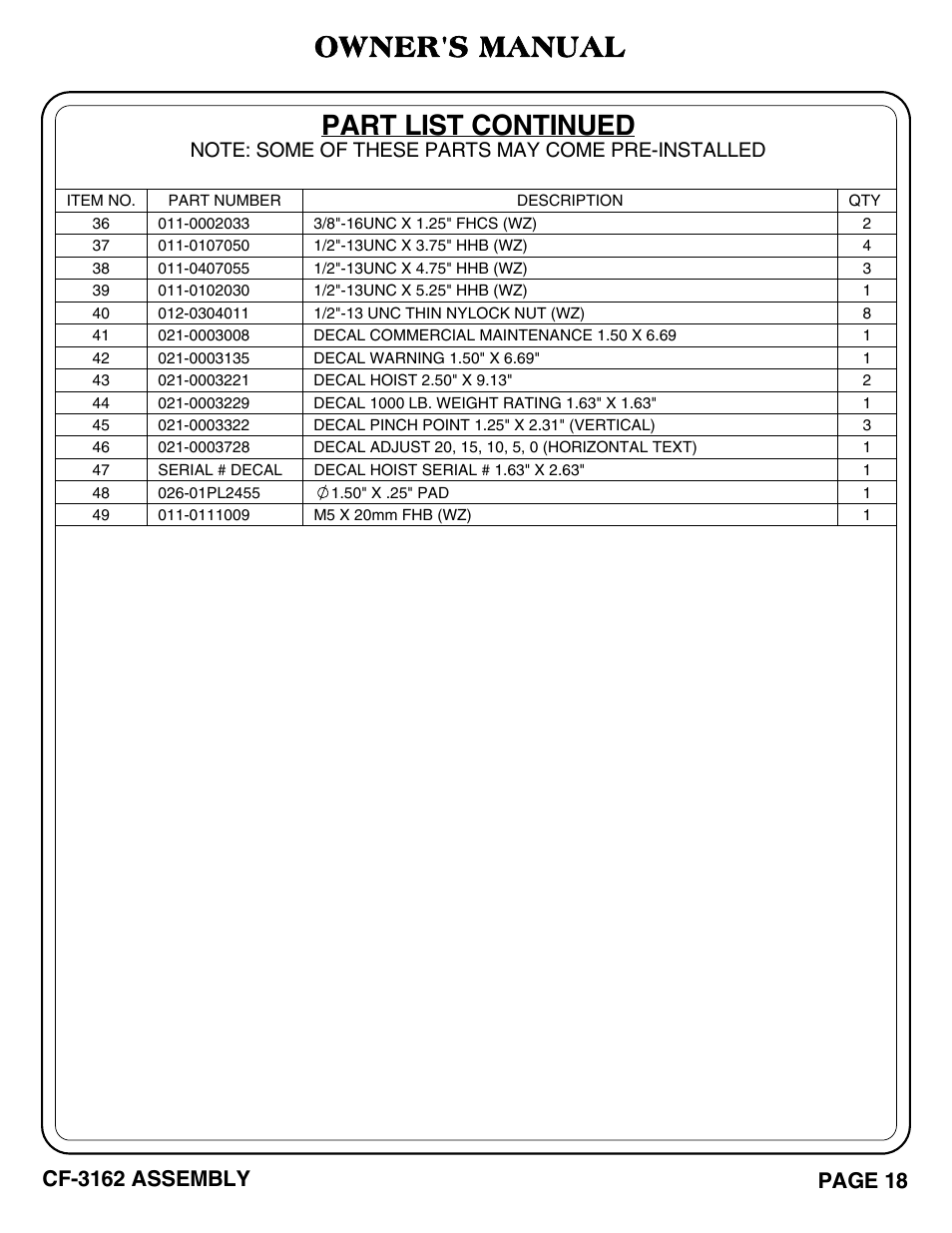 Part list continued, Owner's manual, Page 18 | Cf-3162 assembly | Hoist Fitness CF-3162 User Manual | Page 19 / 30