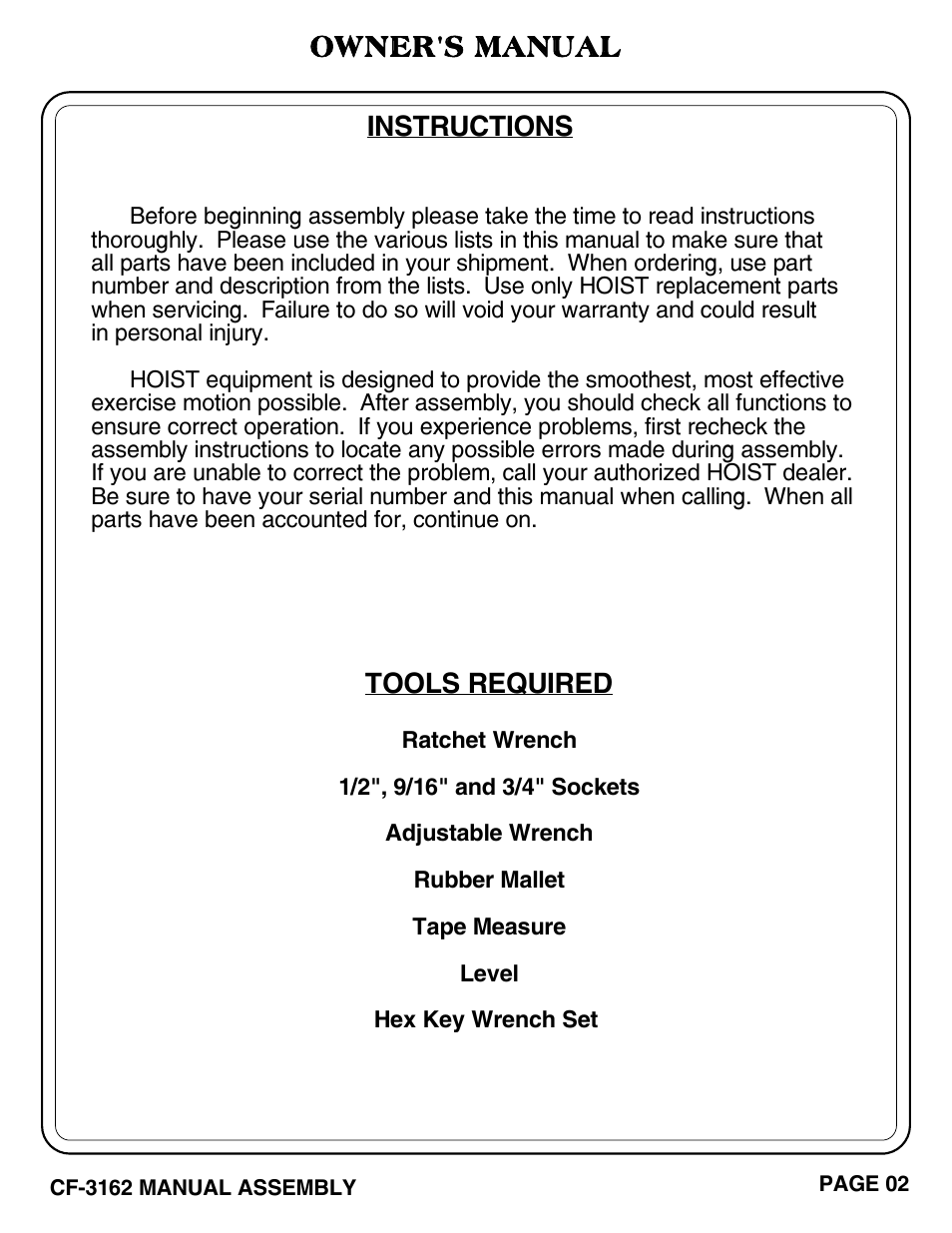 Owner's manual, Tools required, Instructions | Hoist Fitness CF-3162 User Manual | Page 3 / 30