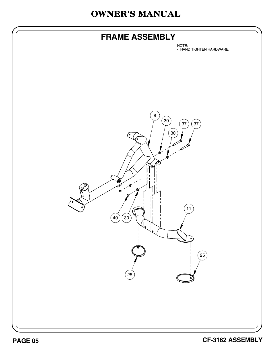 Frame assembly, Owner's manual, Cf-3162 assembly | Page 05 | Hoist Fitness CF-3162 User Manual | Page 6 / 30