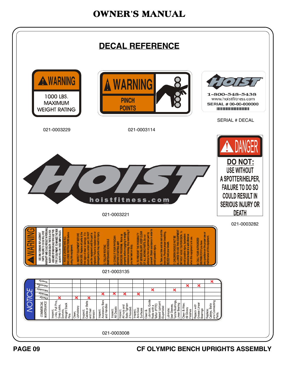 Owner's manual, Decal reference | Hoist Fitness CF OLYMPIC BENCH UPRIGHTS User Manual | Page 10 / 21