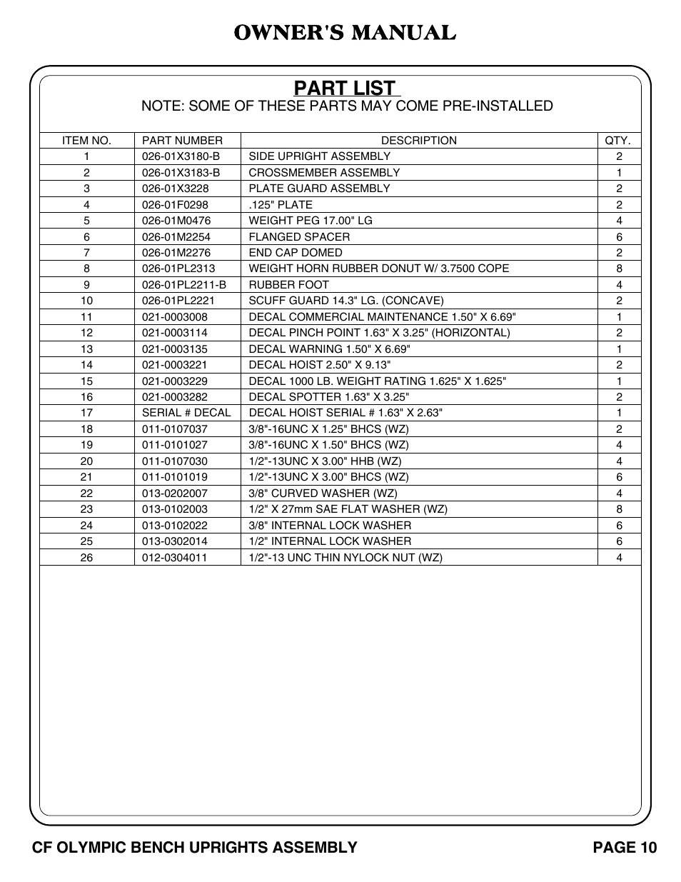Owner's manual, Part list, Page 10 cf olympic bench uprights assembly | Hoist Fitness CF OLYMPIC BENCH UPRIGHTS User Manual | Page 11 / 21