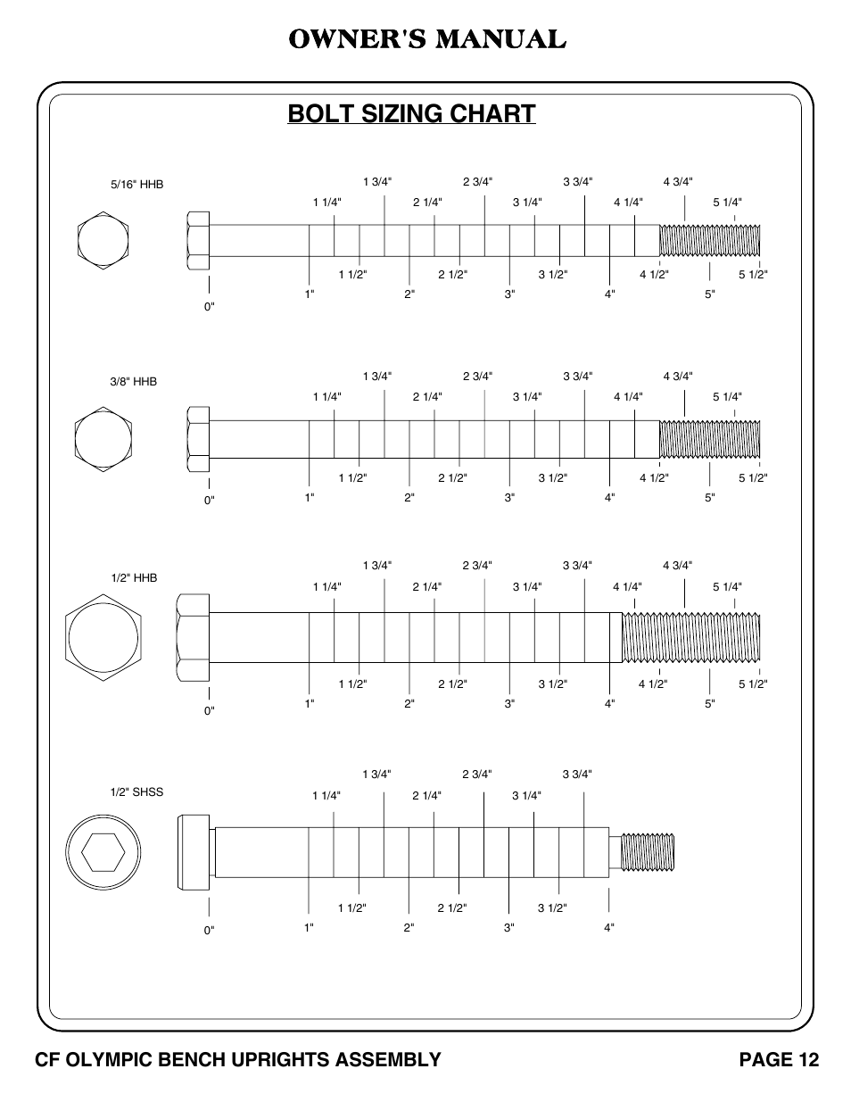 Cf olympic bench uprights pg 12-18.pdf, Bolt sizing chart owner's manual, Page 12 cf olympic bench uprights assembly | Hoist Fitness CF OLYMPIC BENCH UPRIGHTS User Manual | Page 13 / 21