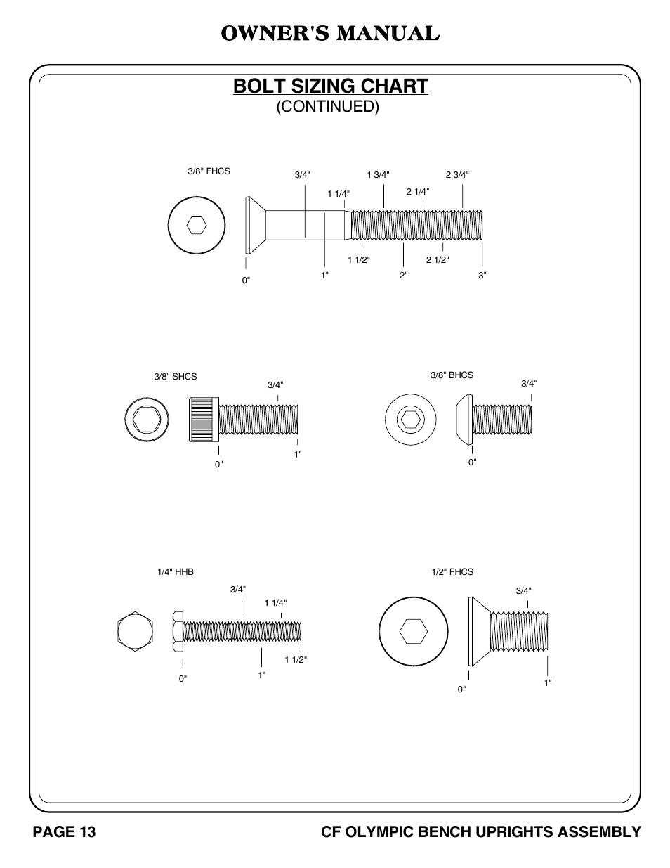 Bolt sizing chart owner's manual, Continued), Page 13 cf olympic bench uprights assembly | Hoist Fitness CF OLYMPIC BENCH UPRIGHTS User Manual | Page 14 / 21