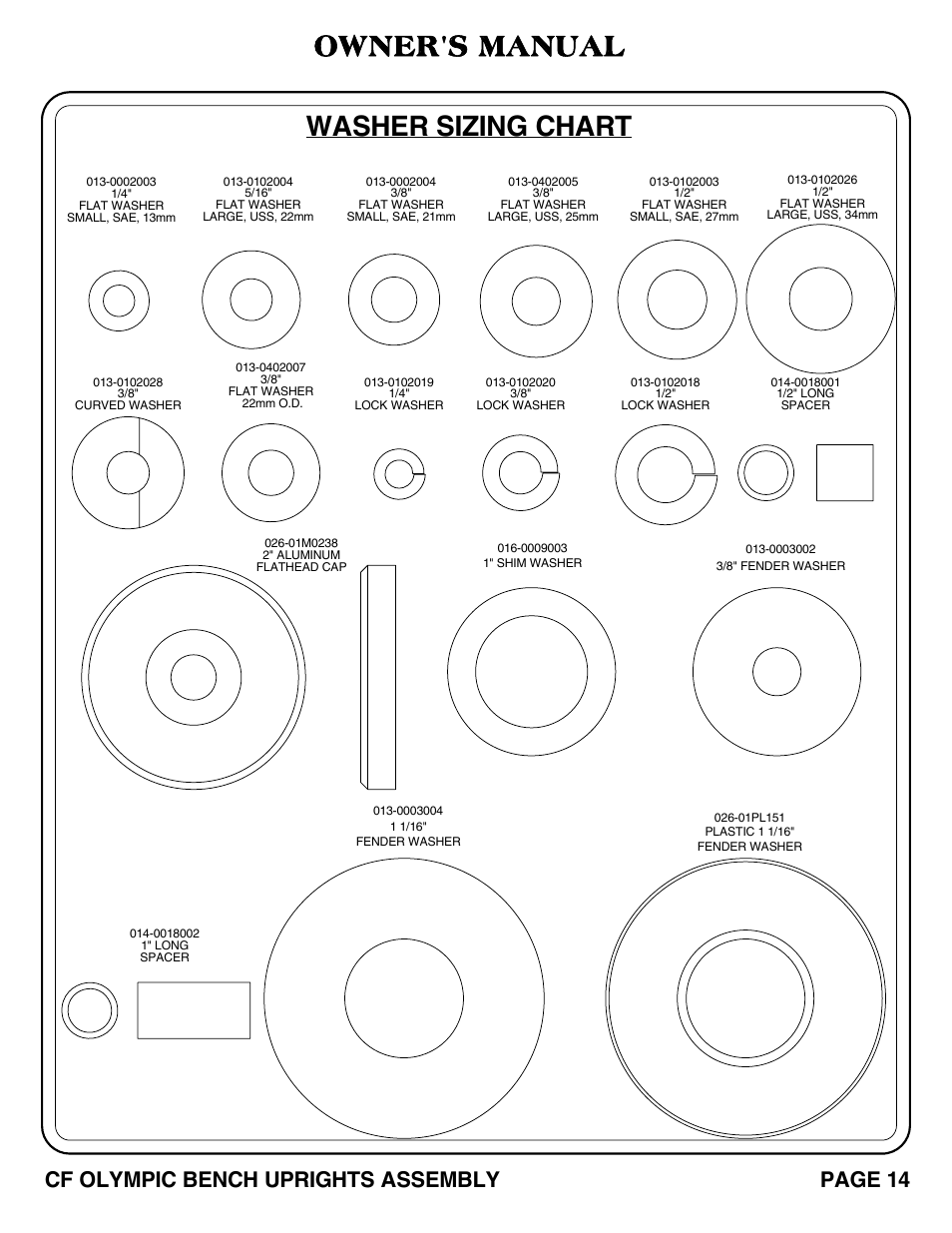 Washer sizing chart owner's manual, Page 14 cf olympic bench uprights assembly | Hoist Fitness CF OLYMPIC BENCH UPRIGHTS User Manual | Page 15 / 21