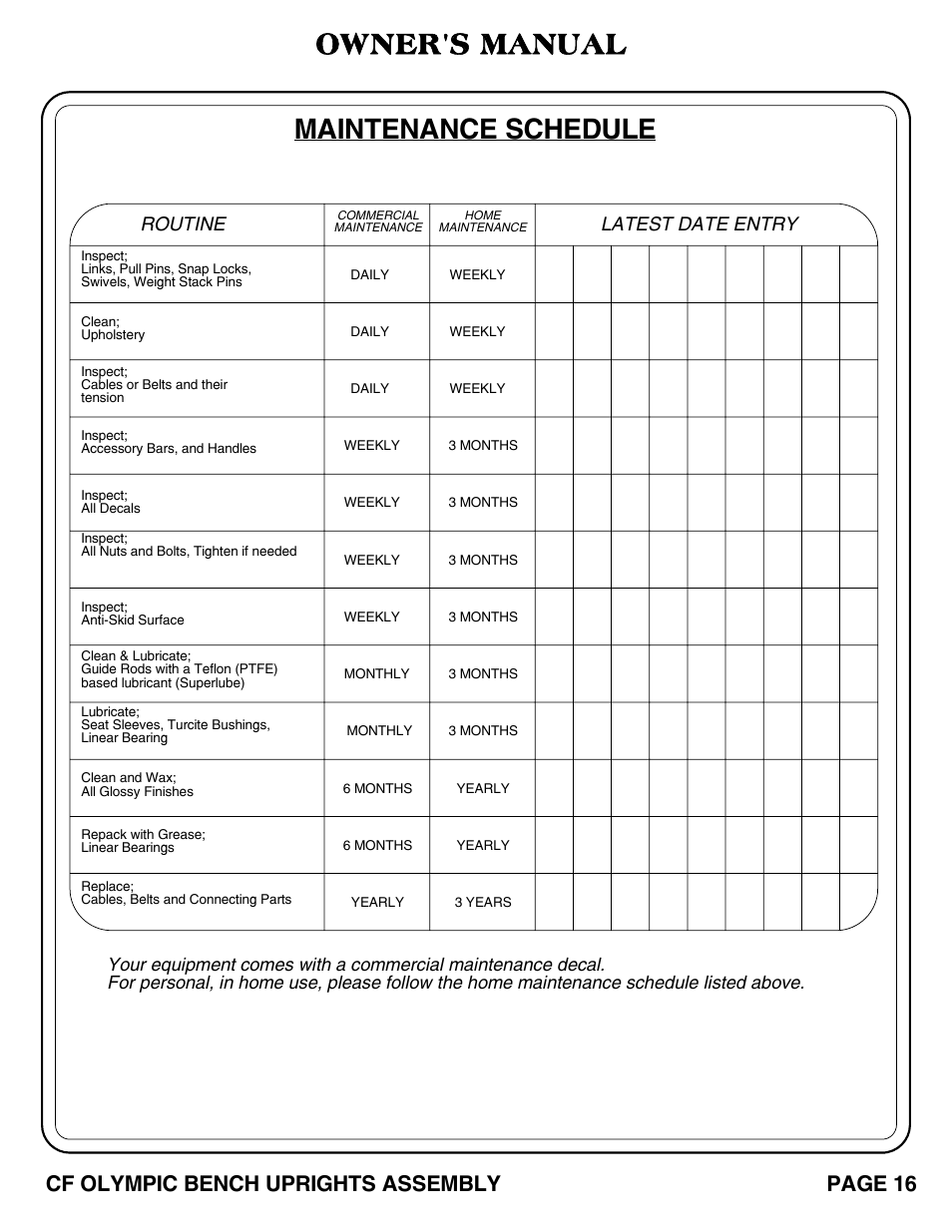 Maintenance schedule, Owner's manual, Page 16 cf olympic bench uprights assembly | Routine, Latest date entry | Hoist Fitness CF OLYMPIC BENCH UPRIGHTS User Manual | Page 17 / 21