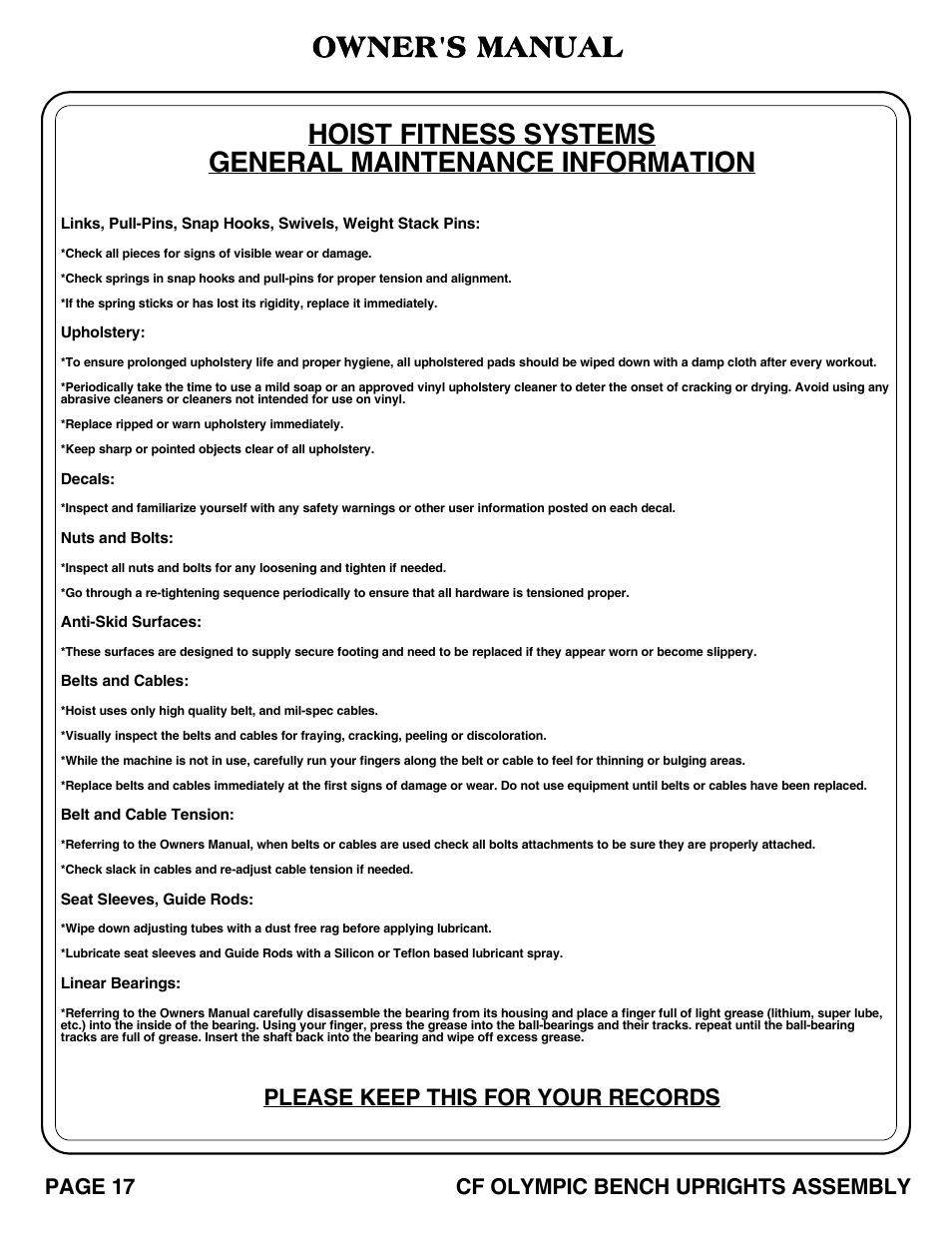 Owner's manual, Please keep this for your records, Page 17 cf olympic bench uprights assembly | Hoist Fitness CF OLYMPIC BENCH UPRIGHTS User Manual | Page 18 / 21