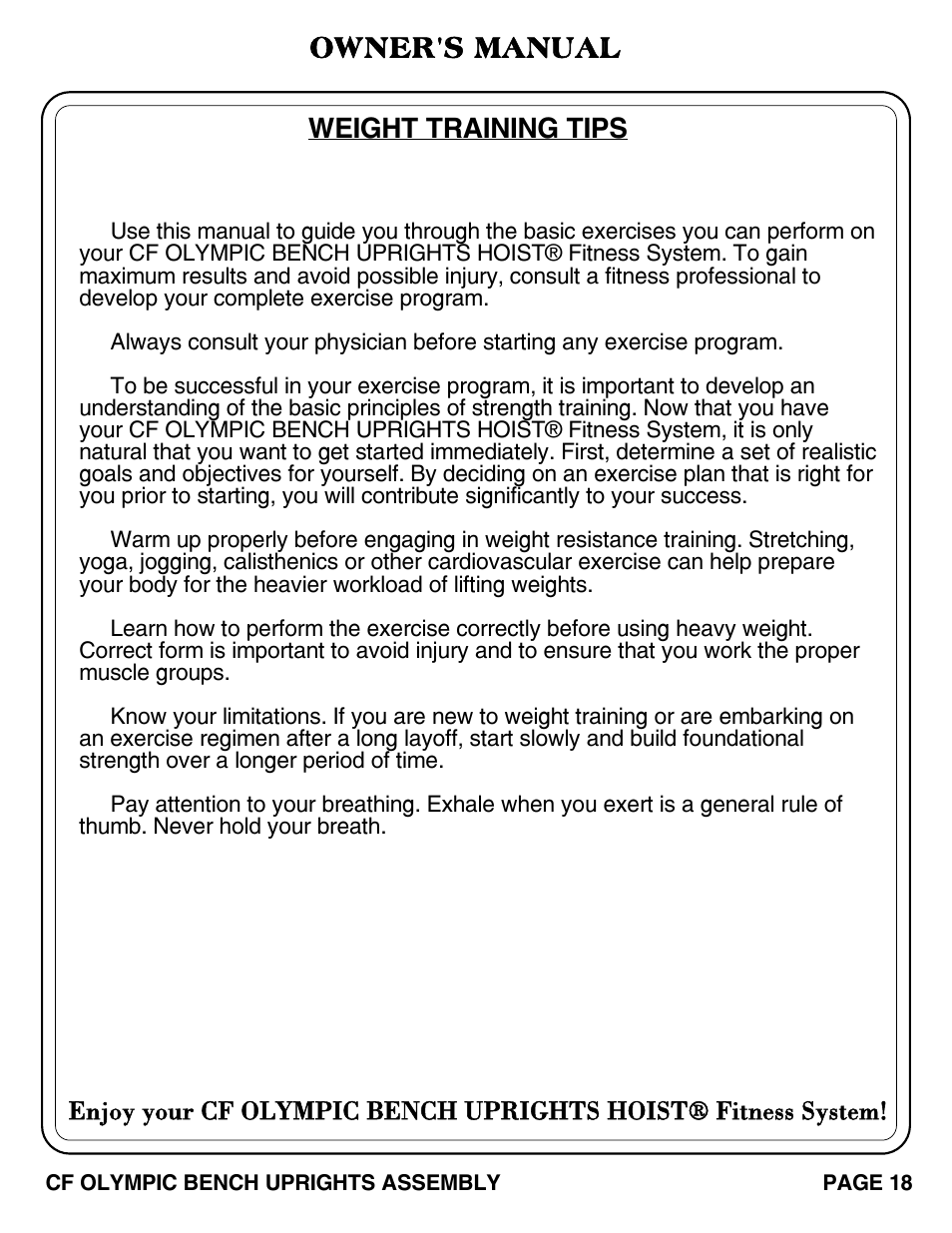 Weight training tips, Owner's manual | Hoist Fitness CF OLYMPIC BENCH UPRIGHTS User Manual | Page 19 / 21