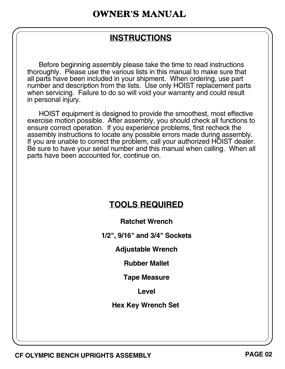 Owner's manual, Tools required, Instructions | Hoist Fitness CF OLYMPIC BENCH UPRIGHTS User Manual | Page 3 / 21