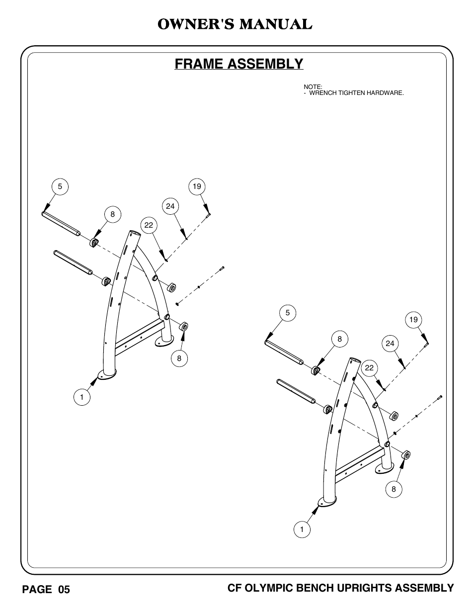 Cf olympic bench uprights pg 05-07.pdf, Owner's manual, Frame assembly | Page 05, Cf olympic bench uprights assembly | Hoist Fitness CF OLYMPIC BENCH UPRIGHTS User Manual | Page 6 / 21