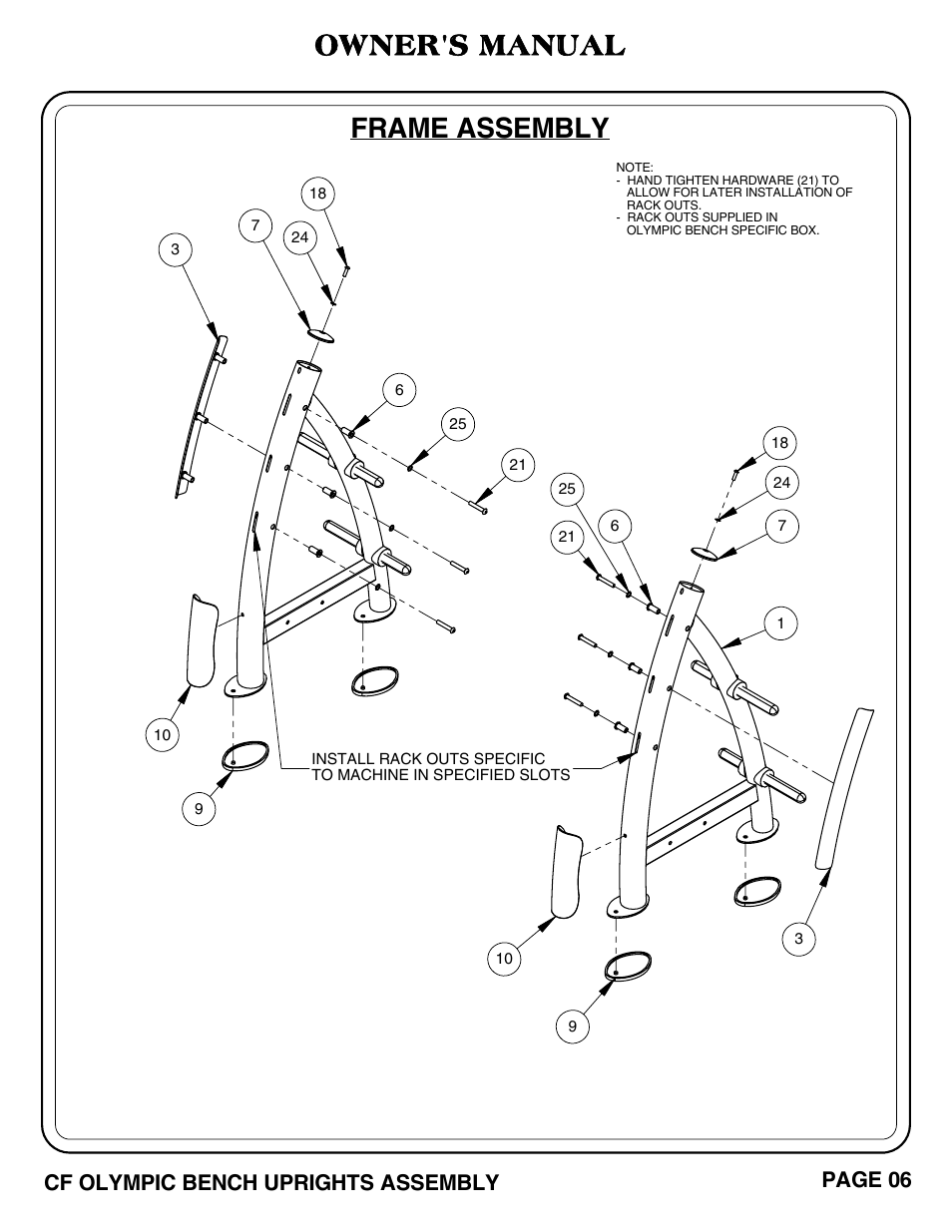 Owner's manual, Frame assembly, Cf olympic bench uprights assembly page 06 | Hoist Fitness CF OLYMPIC BENCH UPRIGHTS User Manual | Page 7 / 21