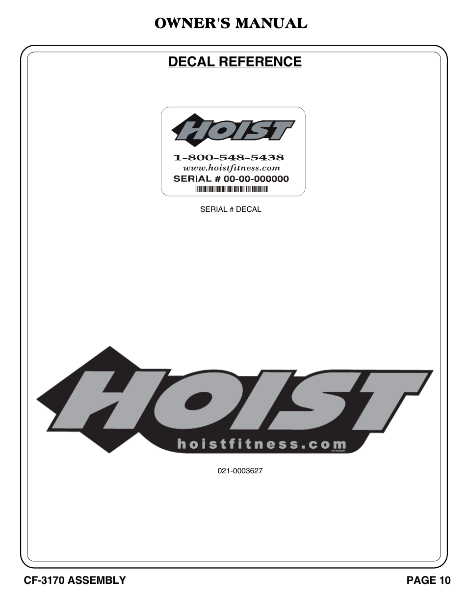 Decal reference owner's manual | Hoist Fitness CF-3170 User Manual | Page 11 / 22