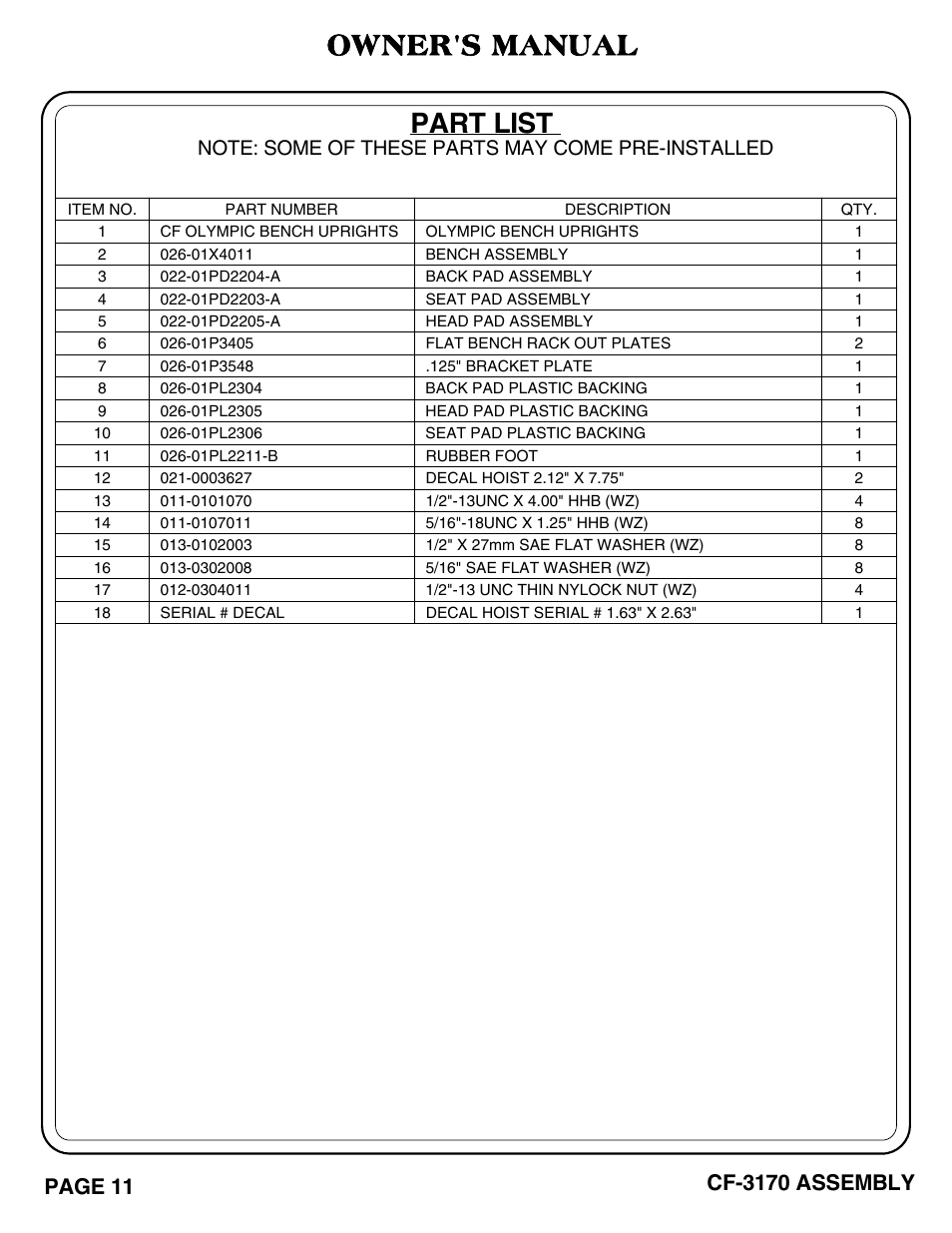Part list, Owner's manual | Hoist Fitness CF-3170 User Manual | Page 12 / 22