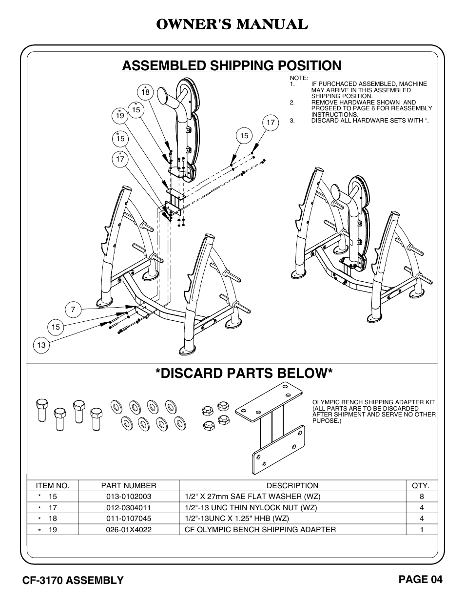 Cf-3170 pg. 05-08.pdf, Owner's manual, Assembled shipping position | Discard parts below | Hoist Fitness CF-3170 User Manual | Page 5 / 22