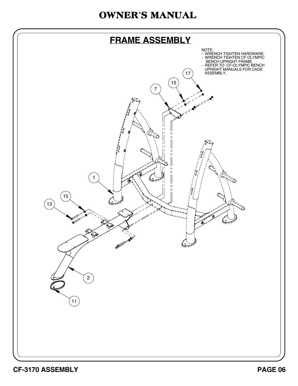 Owner's manual, Frame assembly | Hoist Fitness CF-3170 User Manual | Page 7 / 22