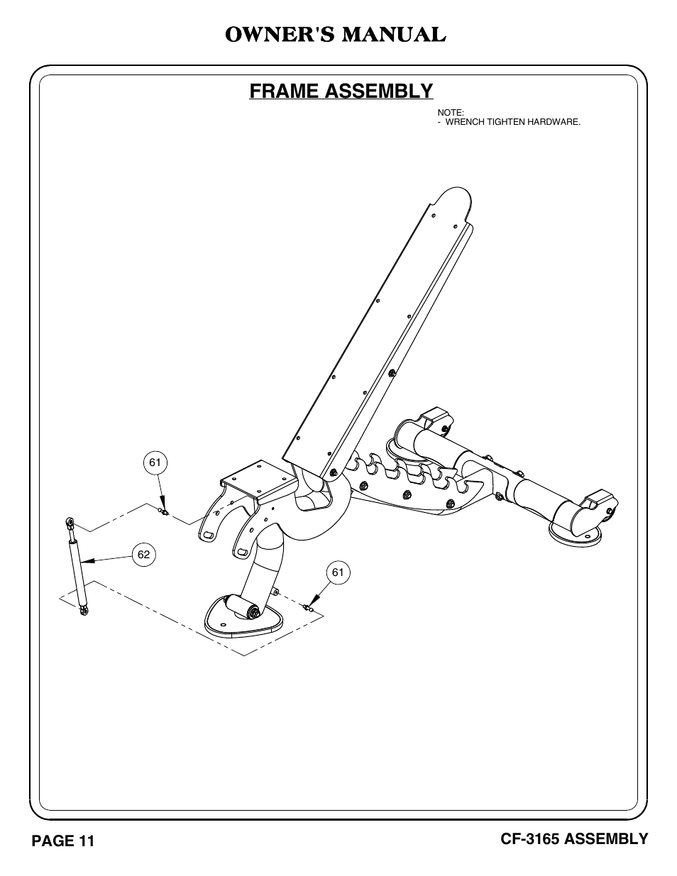 Cf-3165 pg. 11-12, Frame assembly, Owner's manual | Hoist Fitness CF-3165 User Manual | Page 12 / 35