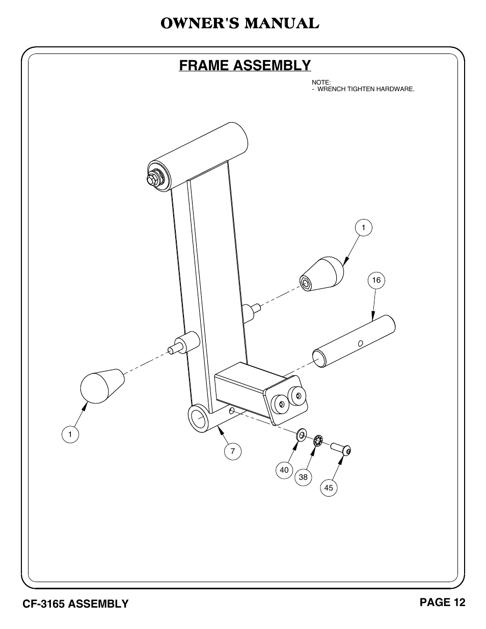 Frame assembly, Owner's manual | Hoist Fitness CF-3165 User Manual | Page 13 / 35