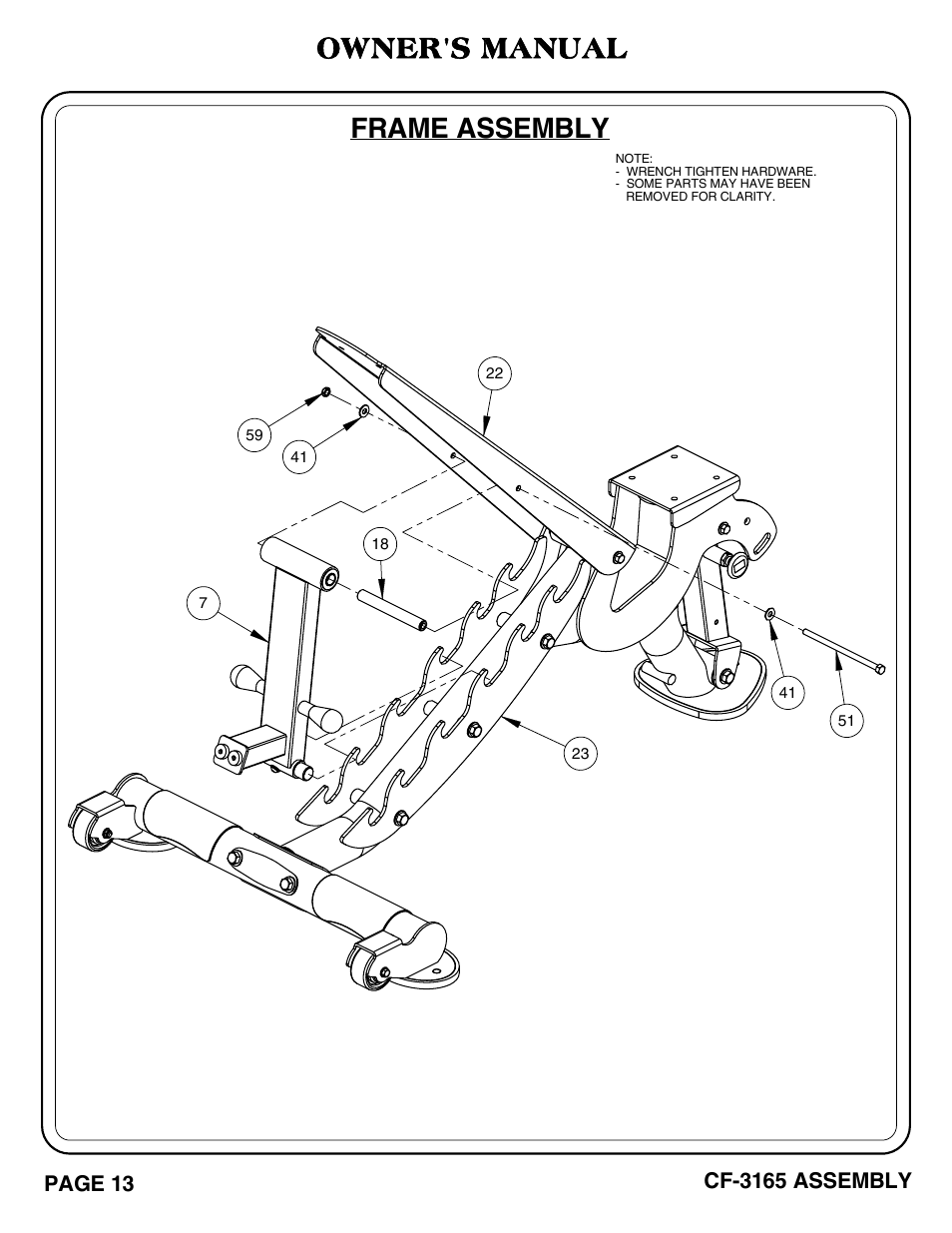 Cf-3165 pg. 13-14, Frame assembly, Owner's manual | Cf-3165 assembly, Page 13 | Hoist Fitness CF-3165 User Manual | Page 14 / 35