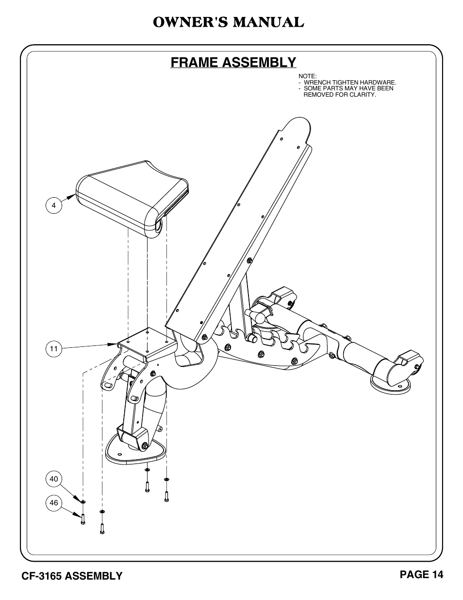 Frame assembly, Owner's manual | Hoist Fitness CF-3165 User Manual | Page 15 / 35