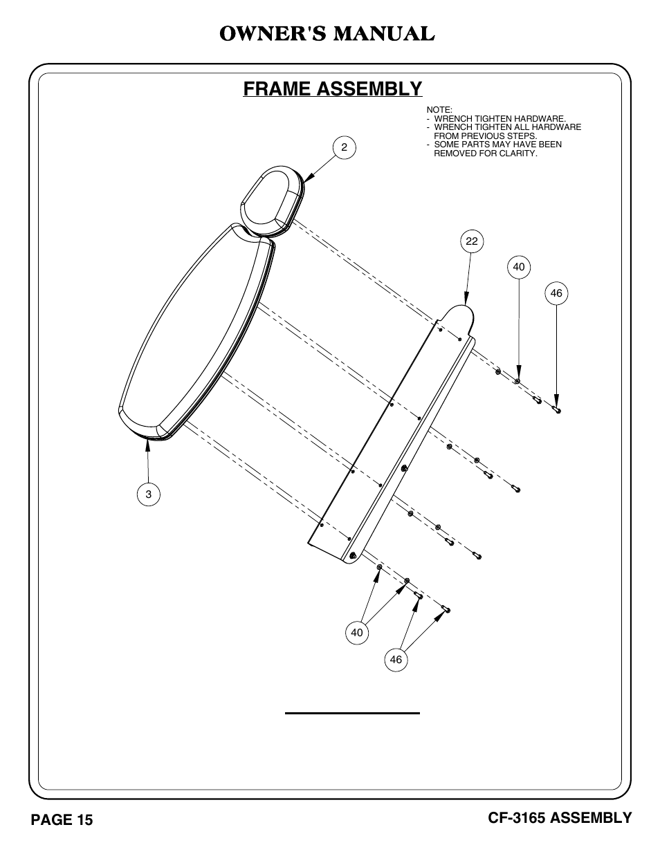 Cf-3165 pg. 15-16, Important, Frame assembly | Owner's manual | Hoist Fitness CF-3165 User Manual | Page 16 / 35