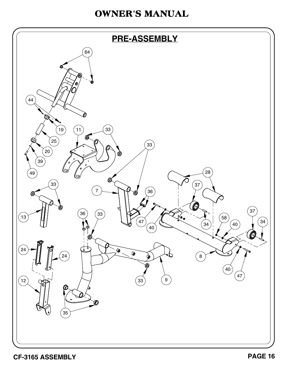 Pre-assembly, Owner's manual, Cf-3165 assembly | Page 16 | Hoist Fitness CF-3165 User Manual | Page 17 / 35