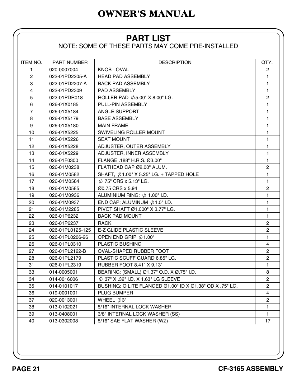 Part list, Owner's manual, Page 21 | Cf-3165 assembly | Hoist Fitness CF-3165 User Manual | Page 22 / 35
