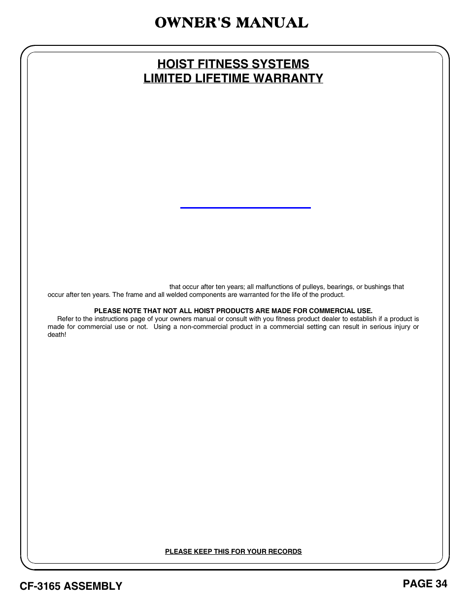 Owner's manual, Hoist fitness systems limited lifetime warranty | Hoist Fitness CF-3165 User Manual | Page 35 / 35