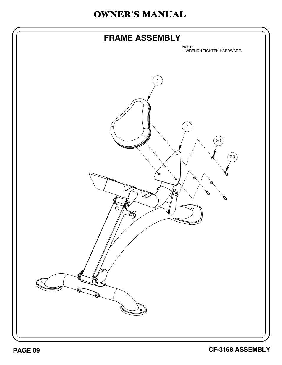 Cf-3168 pg 09-10, Frame assembly, Owner's manual | Hoist Fitness CF-3168 User Manual | Page 10 / 27