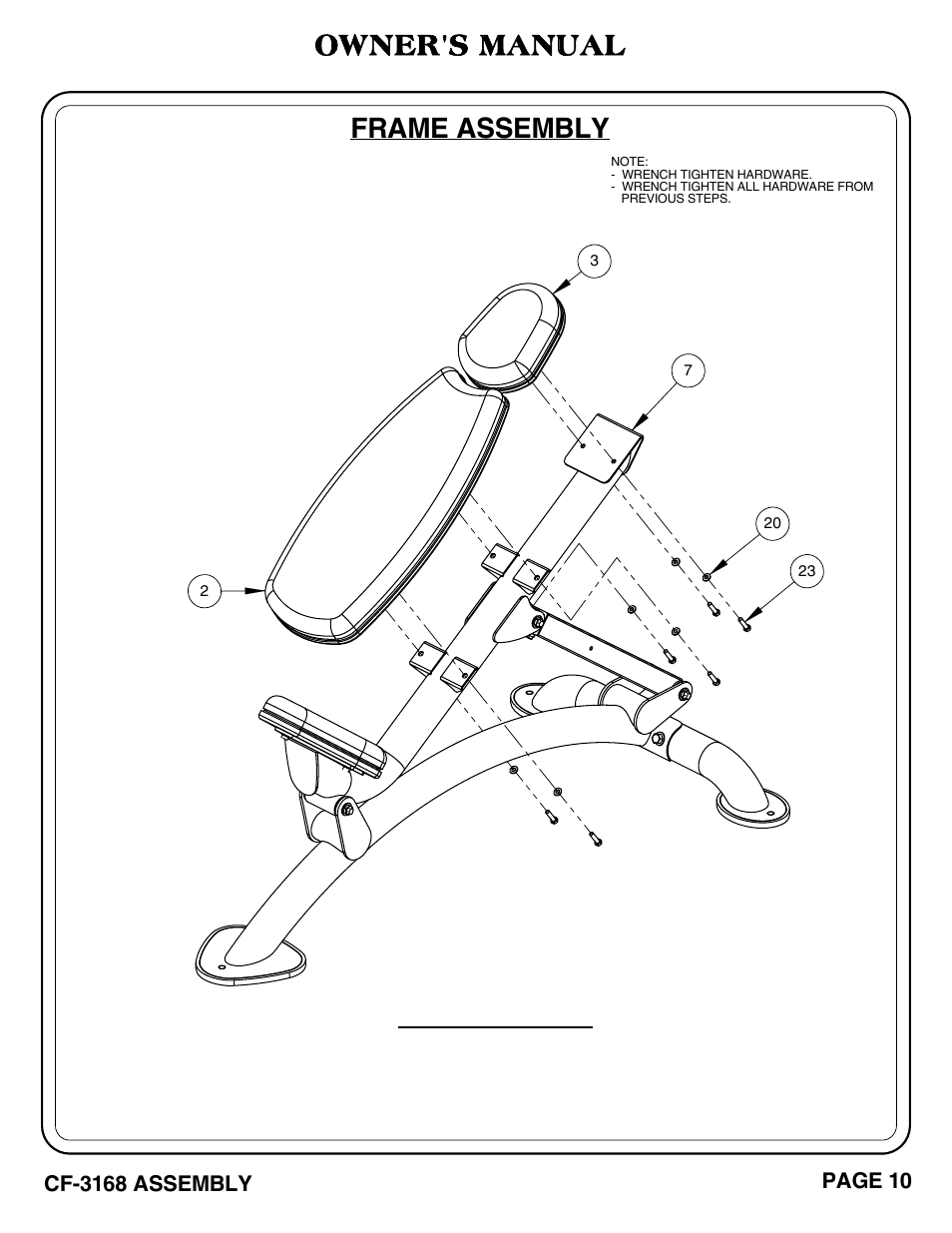 Important, Frame assembly, Owner's manual | Hoist Fitness CF-3168 User Manual | Page 11 / 27