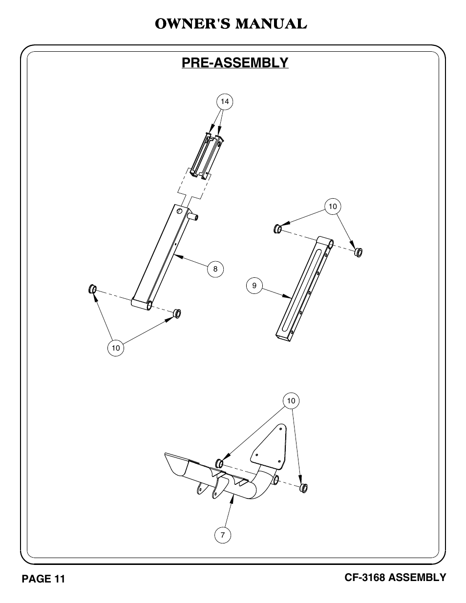 Cf-3168 pg 11-12, Pre-assembly, Owner's manual | Hoist Fitness CF-3168 User Manual | Page 12 / 27