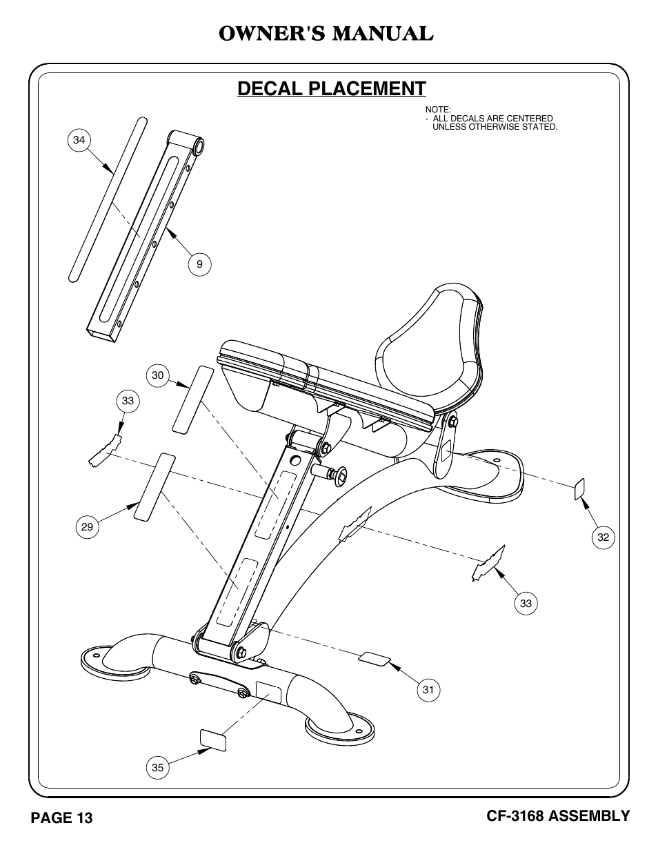 Decal placement, Owner's manual, Page 13 | Cf-3168 assembly | Hoist Fitness CF-3168 User Manual | Page 14 / 27