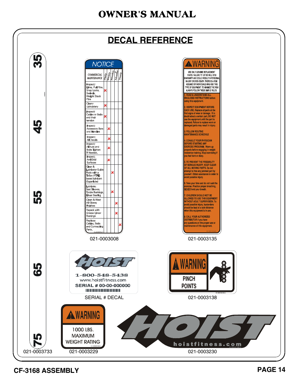 Decal reference, Owner's manual, Cf-3168 assembly | Page 14 | Hoist Fitness CF-3168 User Manual | Page 15 / 27