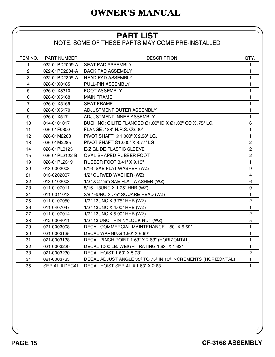 Cf-3168 pg 15-16, Part list, Owner's manual | Page 15, Cf-3168 assembly | Hoist Fitness CF-3168 User Manual | Page 16 / 27