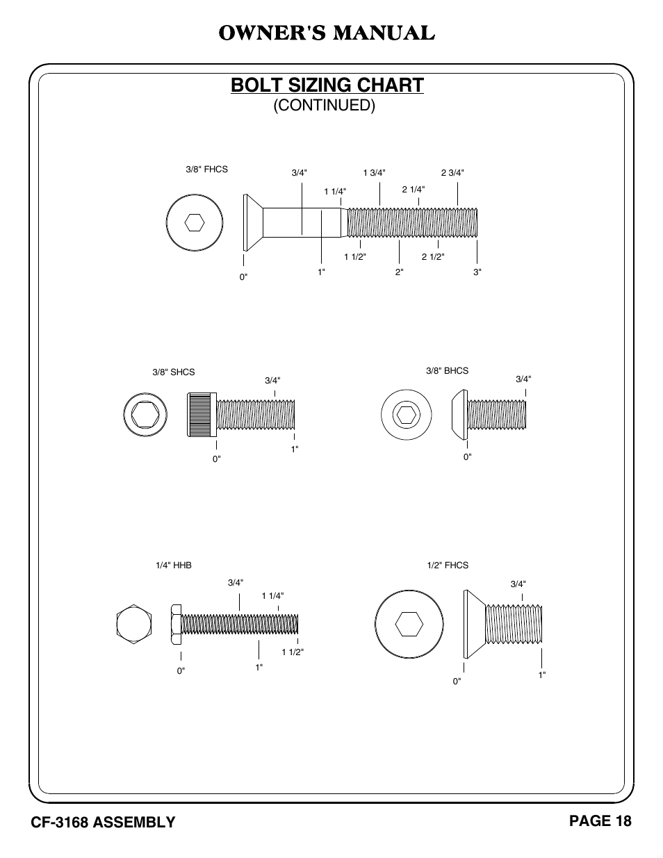 Bolt sizing chart owner's manual, Continued) | Hoist Fitness CF-3168 User Manual | Page 19 / 27