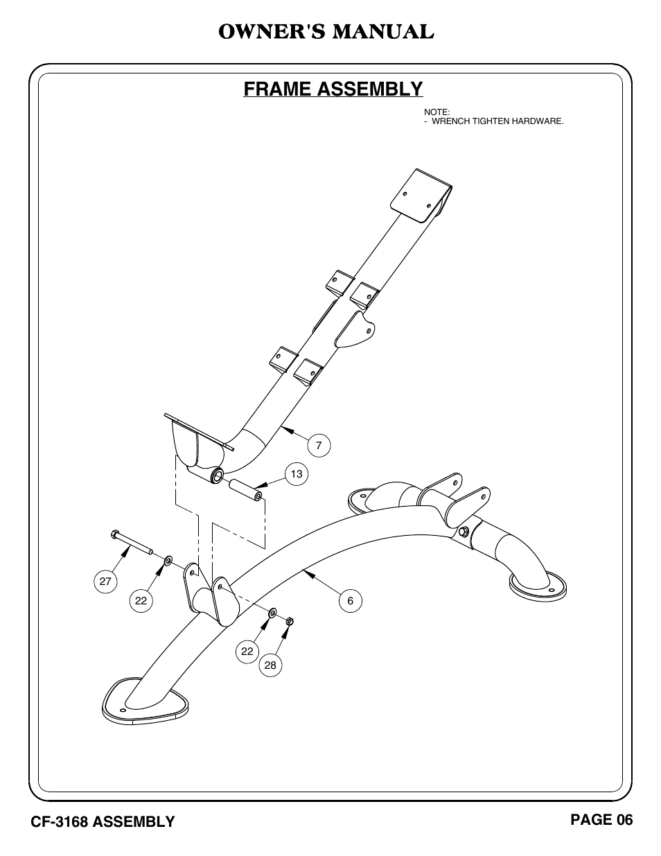 Owner's manual, Frame assembly | Hoist Fitness CF-3168 User Manual | Page 7 / 27