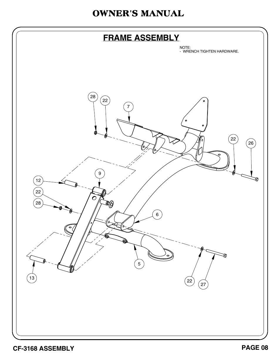 Owner's manual, Frame assembly, Cf-3168 assembly | Page 08 | Hoist Fitness CF-3168 User Manual | Page 9 / 27