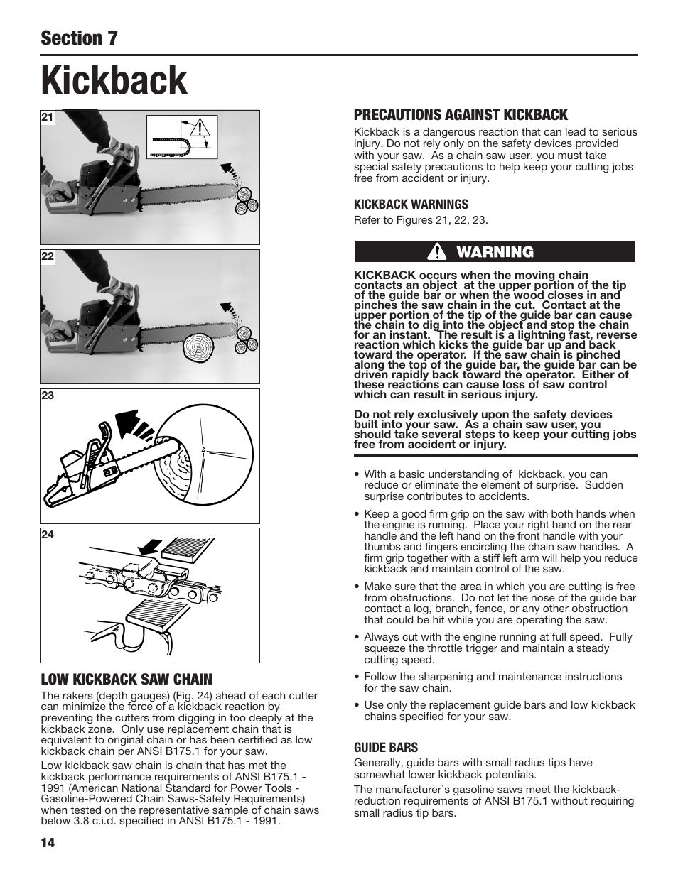 Kickback, Precautions against kickback, Low kickback saw chain | Cub Cadet COMMERCIAL CS5720 User Manual | Page 14 / 24