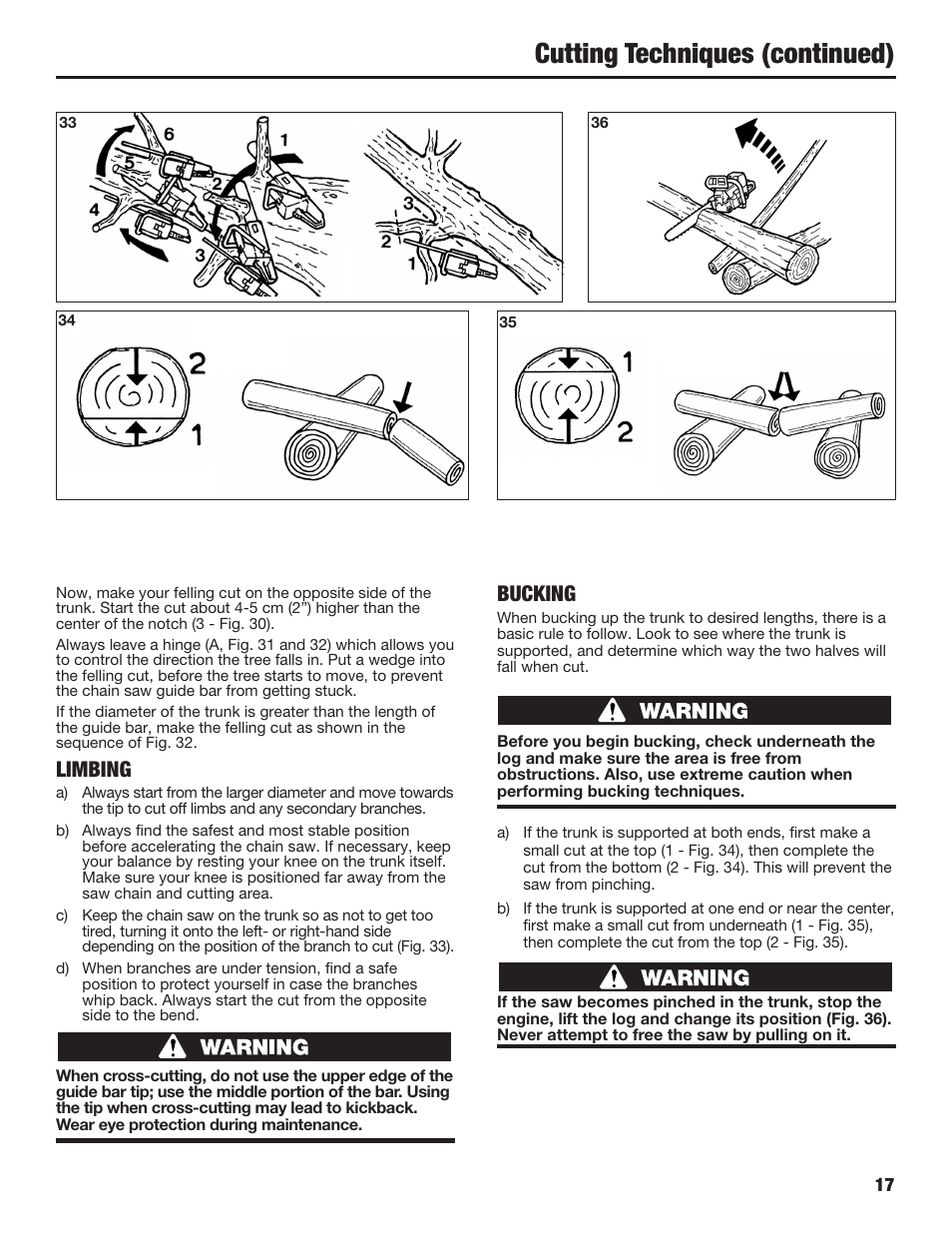 Cutting techniques (continued), Limbing, Bucking | Cub Cadet COMMERCIAL CS5720 User Manual | Page 17 / 24